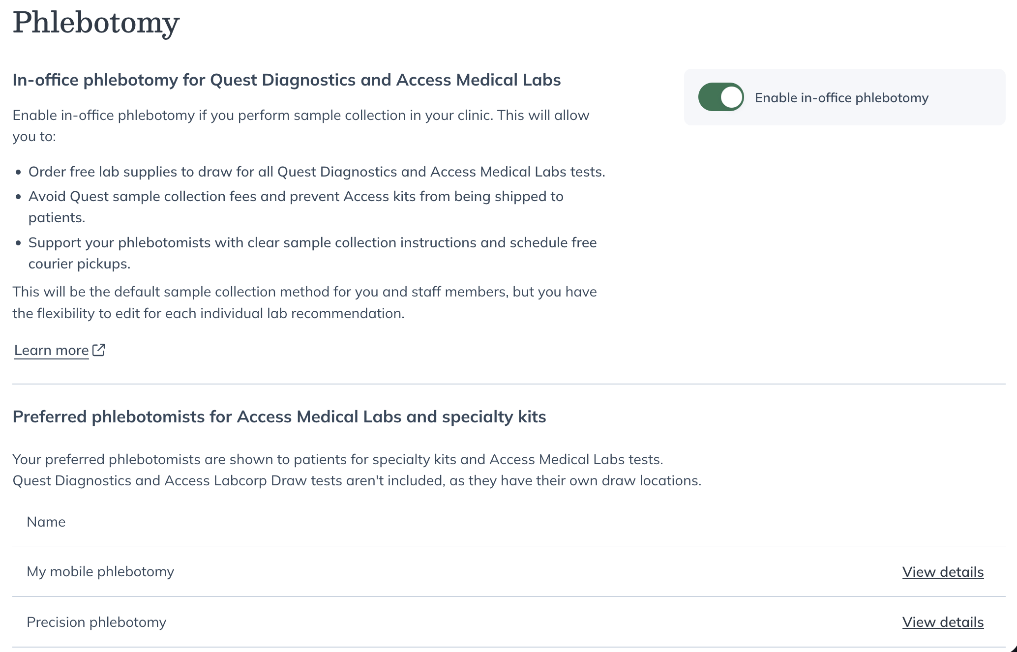 Phlebotomy section showing in-office phlebotomy toggle and preferred phlebotomists list.